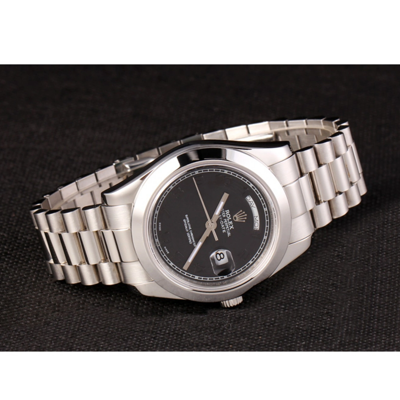 Good copy rolex watches Swiss Daydate Steel Dial Black 80294 Stainless Rolex Bracelet 1013